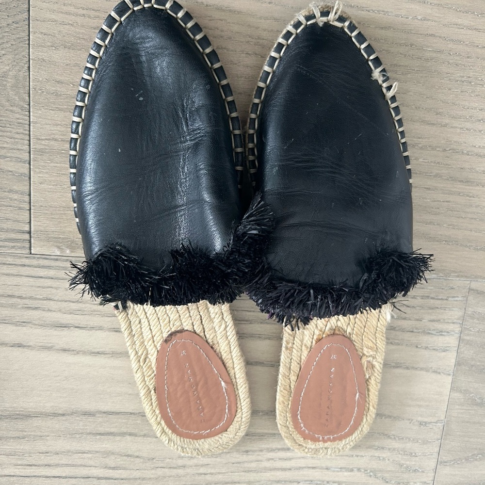 ZARA Black Leather Slip-On Mules